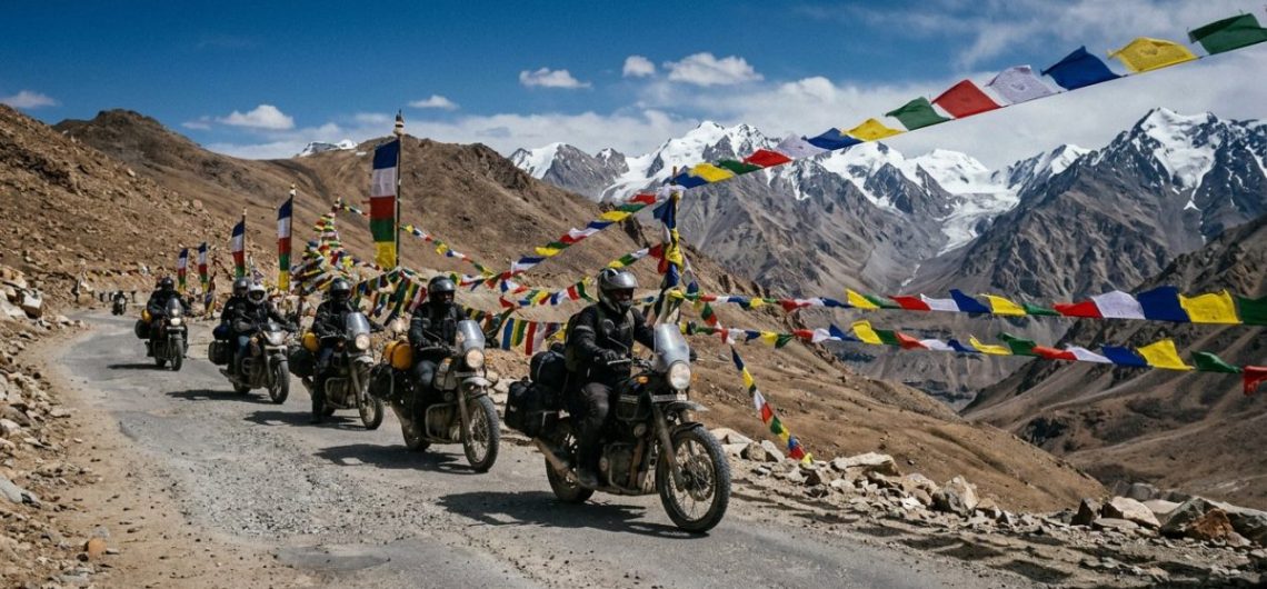 Line of touring motorcycles crossing a high pass with prayer flags in Ladakh
