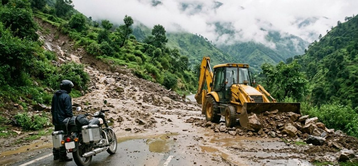 Bulldozer clearing a monsoon landslide on a Himalayan highway in Himachal Pradesh with a motorcycle waiting