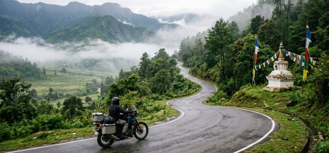 Road climbing from green plains into forested foothills in southern Bhutan with a roadside chorten