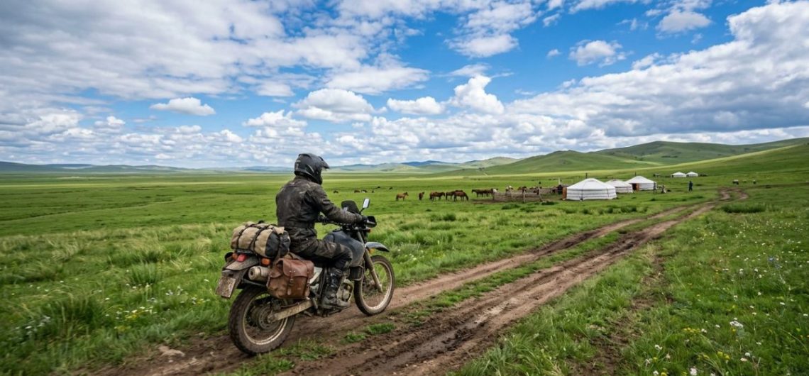 Adventure motorcycle on a dirt track across the Mongolian steppe with gers and horses